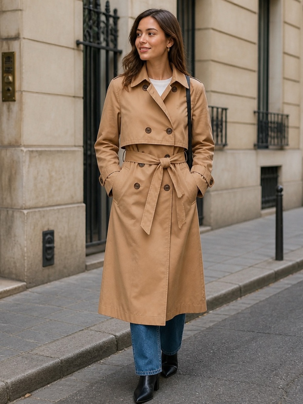 Express Women's S Tan Double Breasted Belted Trench Coat Classic Long Jacket
